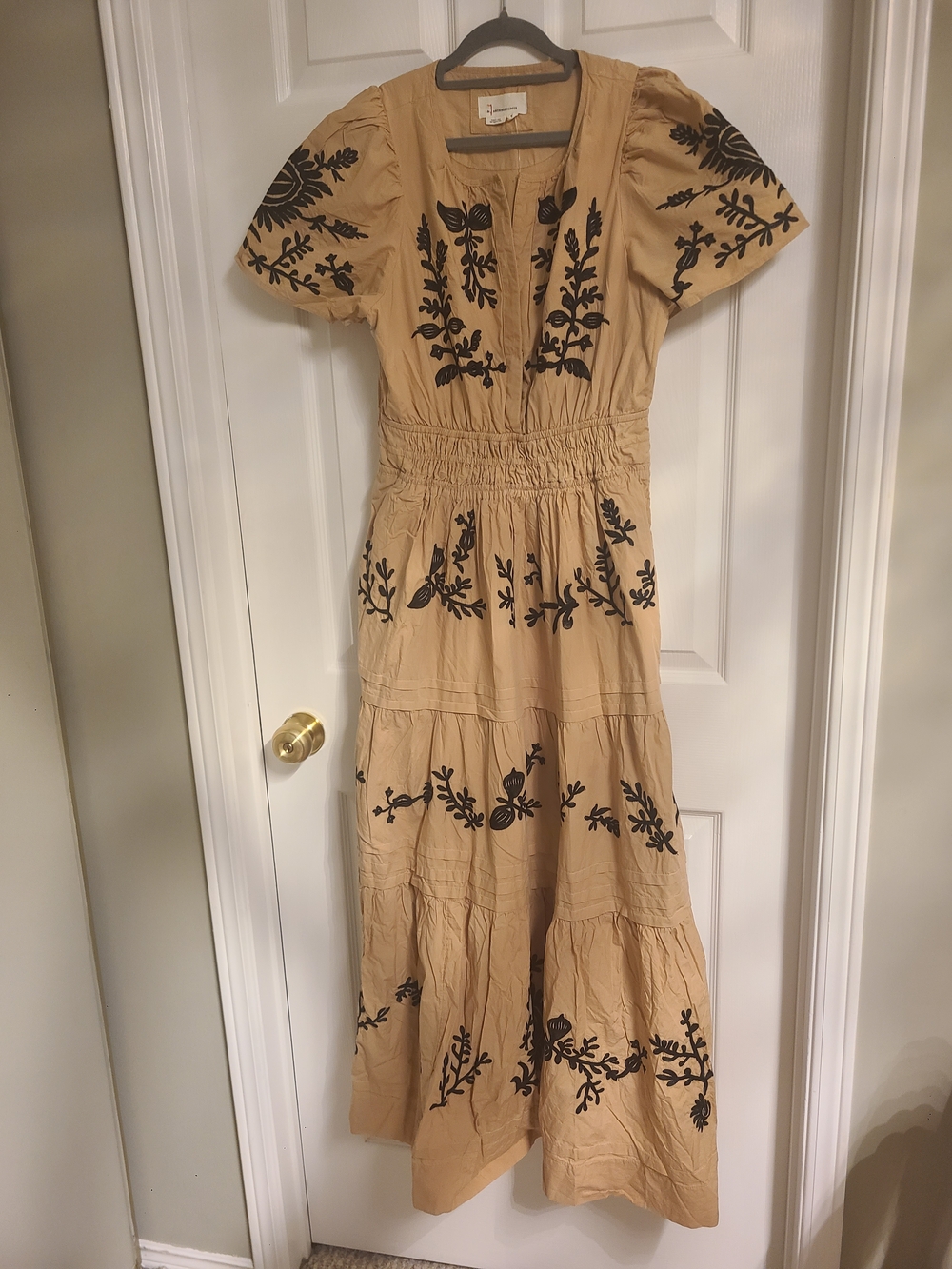 Anthropologie Tan Maxi Dress with Black Floral Embroidery